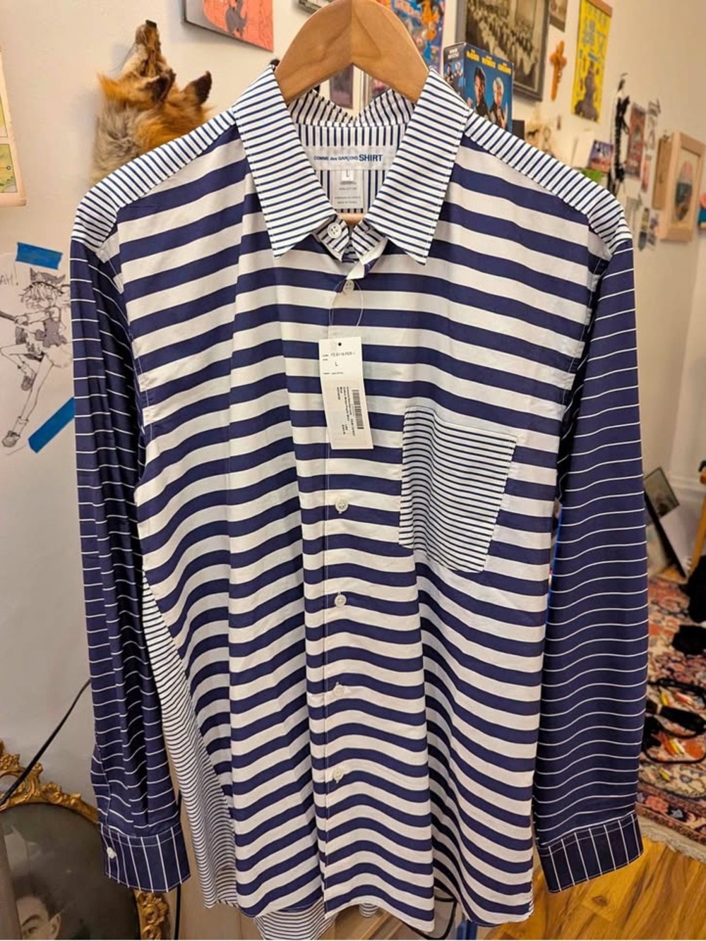 Comme des Garcons Navy and White Striped Button-Down Shirt